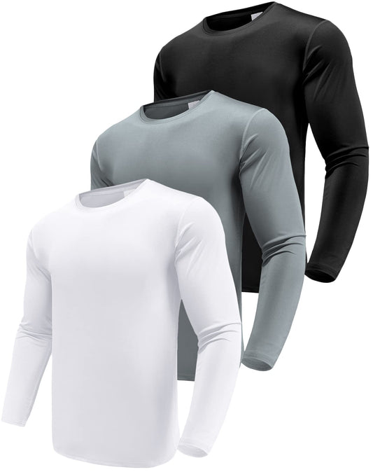 Herren 3er Pack Langarmshirt T-Shirts, UPF 50+ UV Schnelltrocknend Funktionsshirt Laufshirts, Atmungsaktiv Langarm Sportshirt Gym Outdoor Workout Fitness Oberteil Black/White/Grey-3P01-L