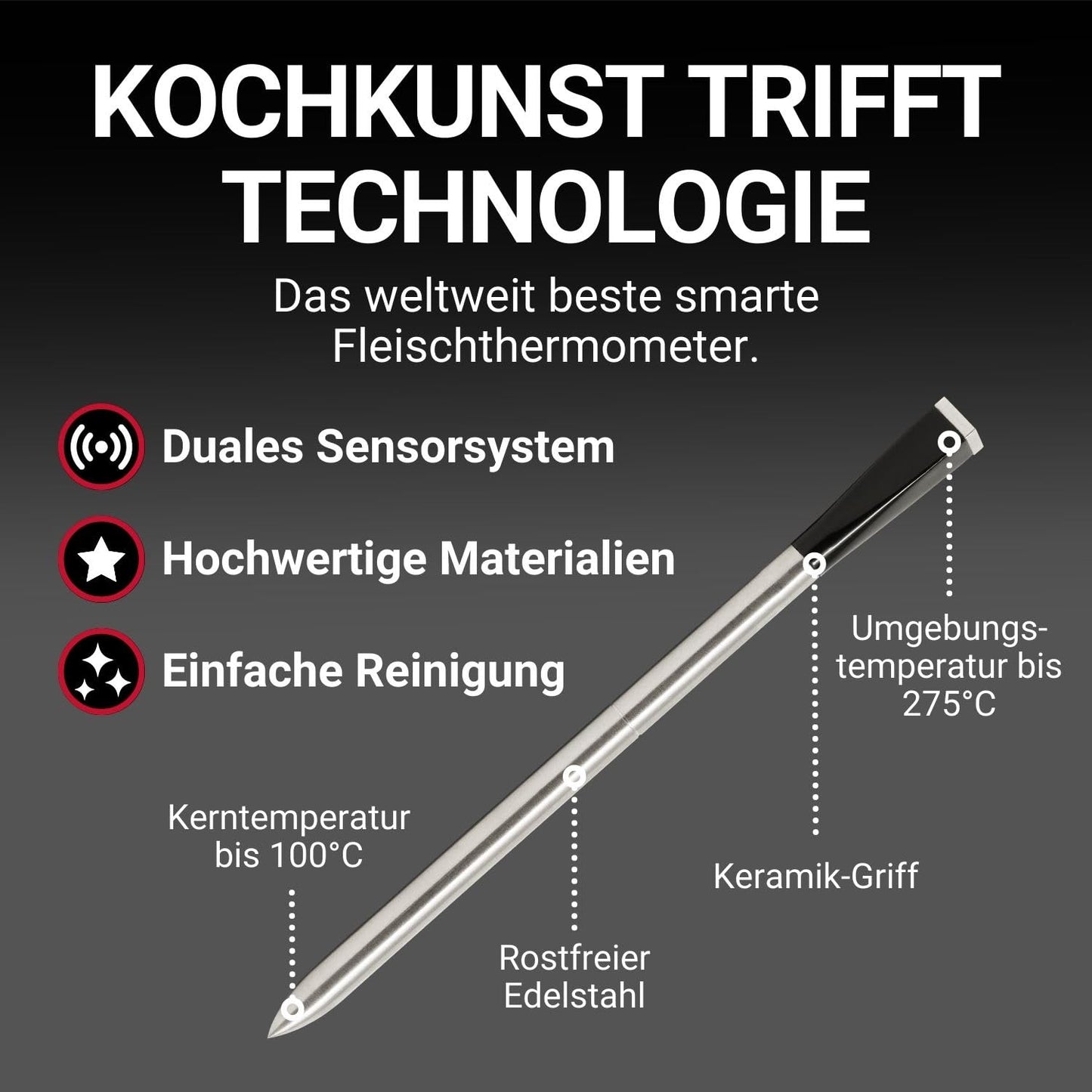 MEATER Plus | Das Kabellose, Smarte Fleischthermometer mit 50m Reichweite Für Ofen, Grill, Pfanne und Rotisserie Perfekter Fleischgenuss via App in Deutscher Sprache