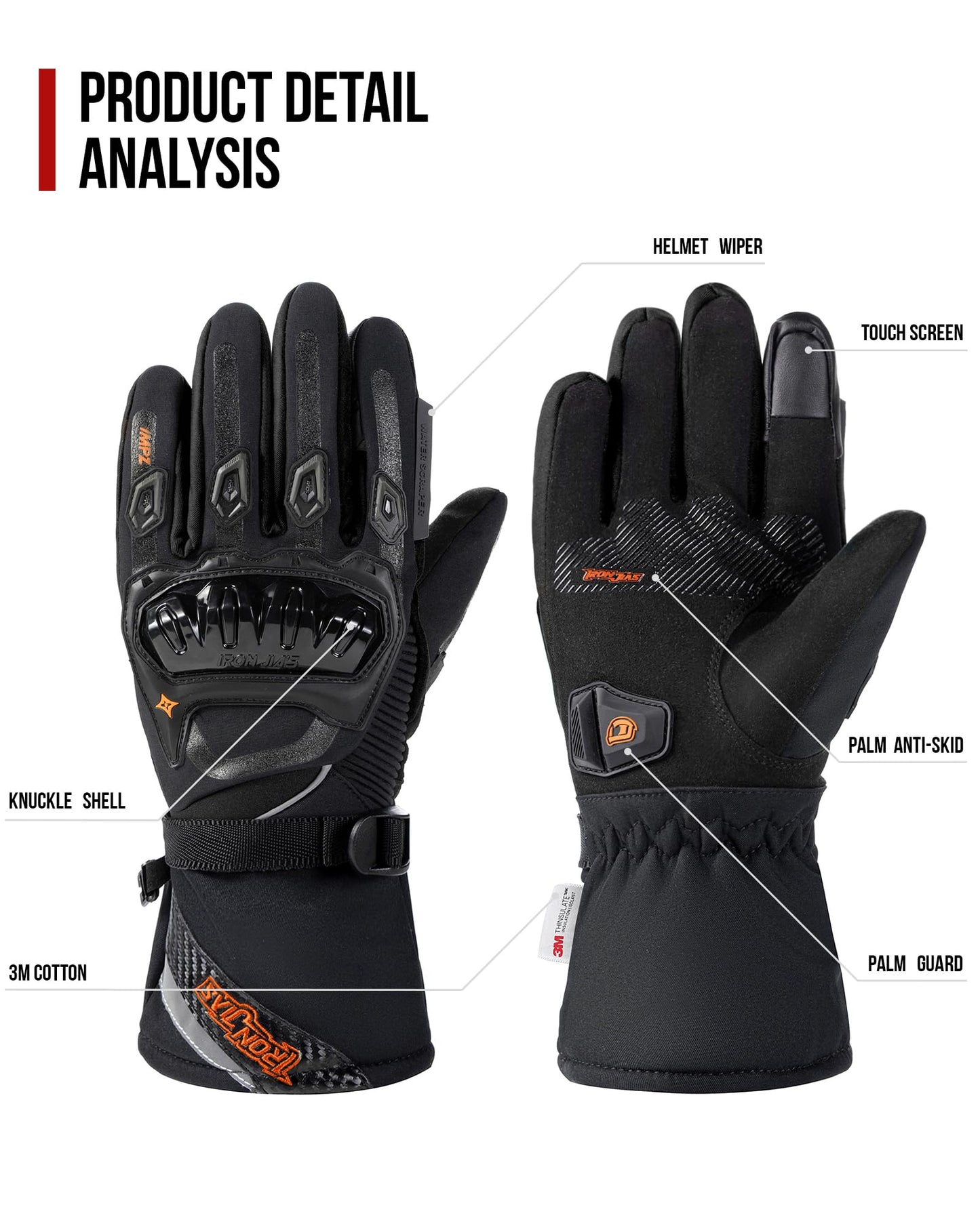 IRON JIA'S Winter Motorradhandschuhe, Wasserdicht Winddicht Leicht und Warm Touchscreen Handschuhe für Motorrad, Wandern und andere Outdoor-Sportarten,Mann und Frau-Schwarz-XXL