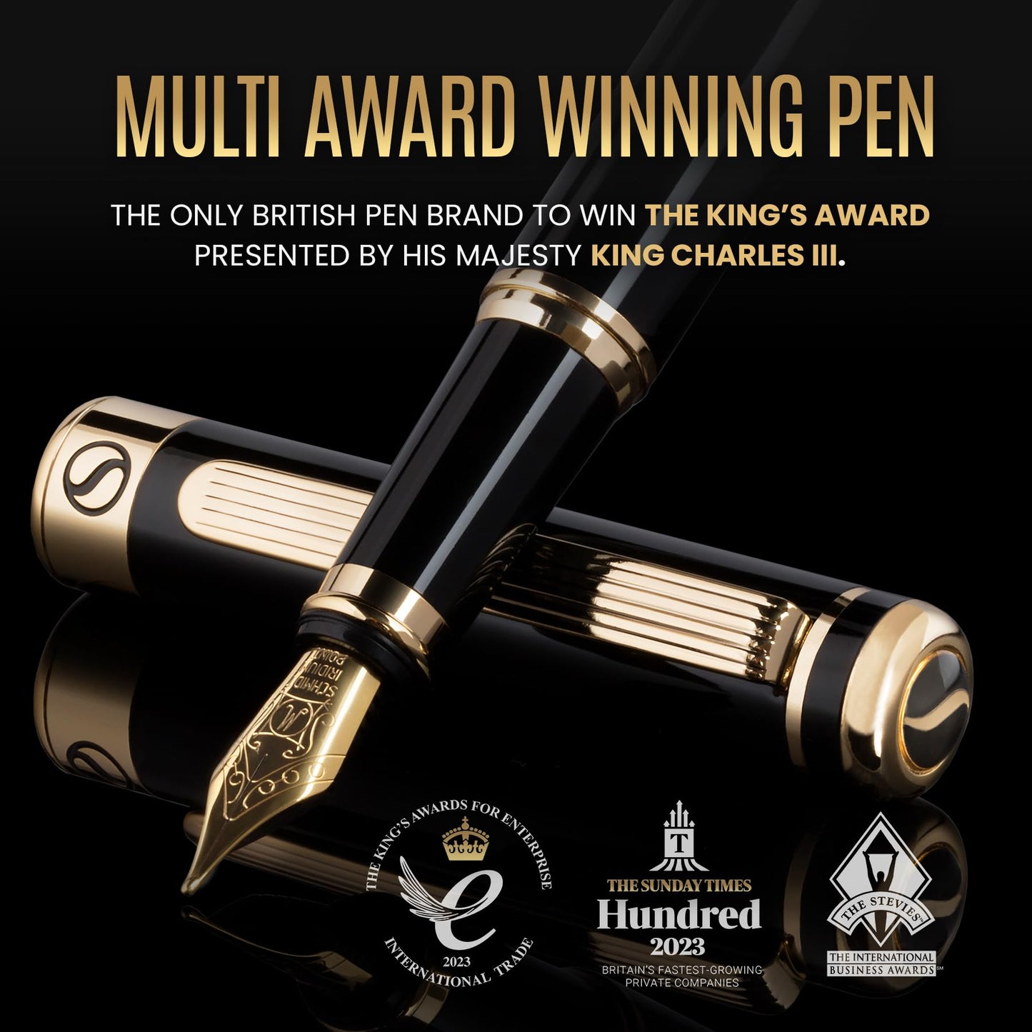 Scriveiner Black Personalisierter Stift - Luxus Füllfederhalter, Schwarzer Lack, Gold Finish, Deutsche Schmidt Feder (Mittel), Bestes Graviertes Füllfederhalter Geschenkset, Namensgravur