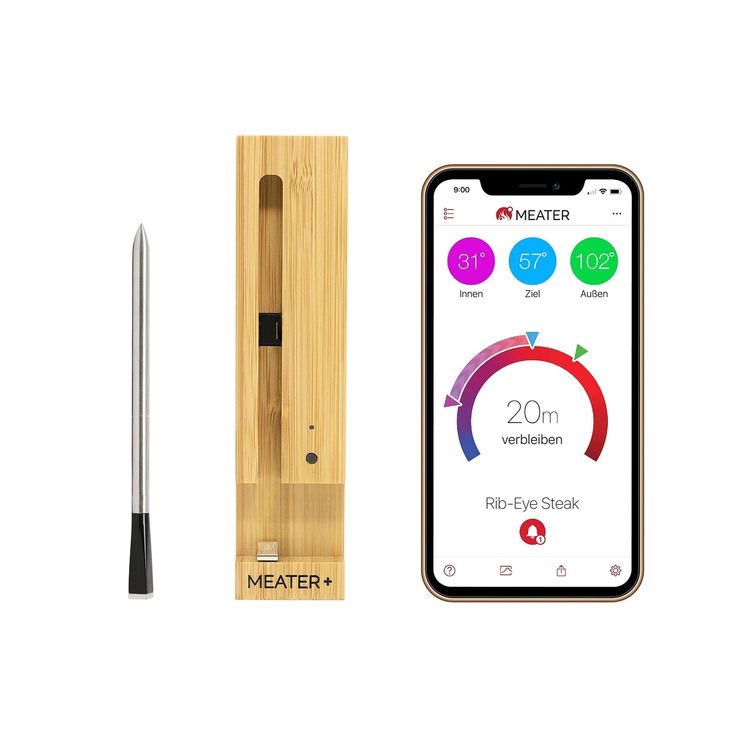 MEATER Plus | Das Kabellose, Smarte Fleischthermometer mit 50m Reichweite Für Ofen, Grill, Pfanne und Rotisserie Perfekter Fleischgenuss via App in Deutscher Sprache