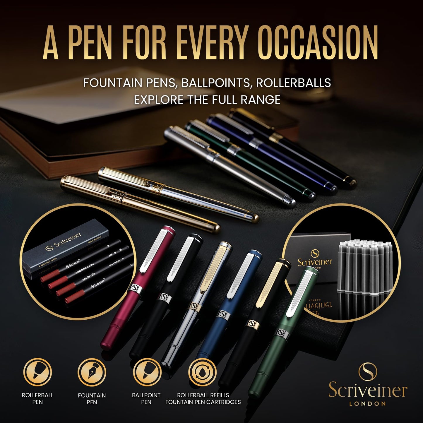 Scriveiner Black Personalisierter Stift - Luxus Füllfederhalter, Schwarzer Lack, Gold Finish, Deutsche Schmidt Feder (Mittel), Bestes Graviertes Füllfederhalter Geschenkset, Namensgravur