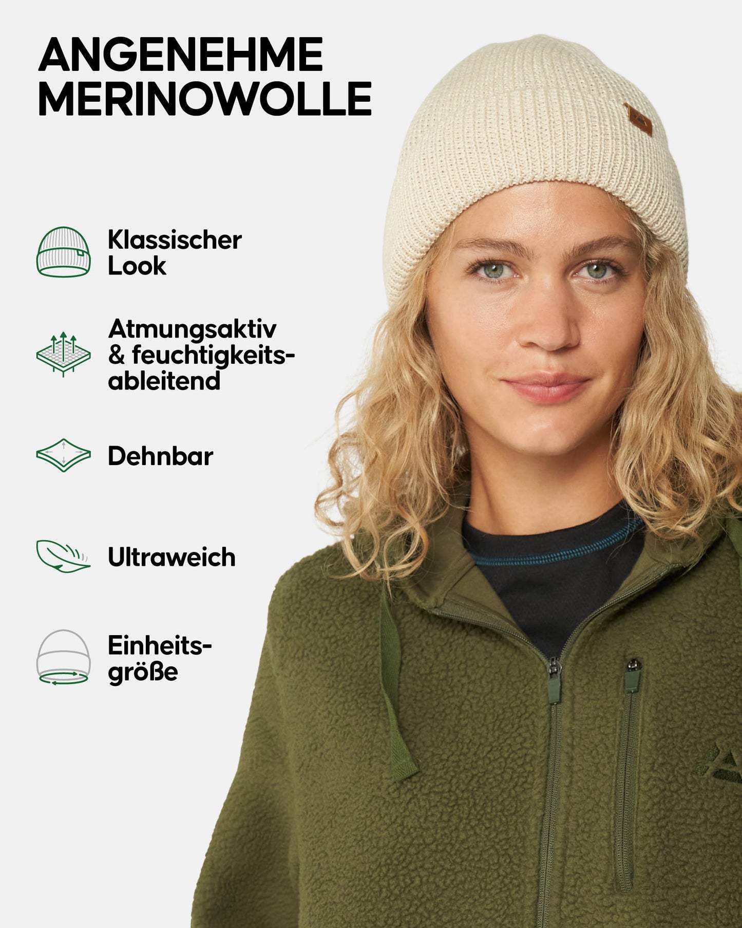 DANISH ENDURANCE Merino Mütze, Klassische Wollmütze, Warme Wintermütze, für Winter & Herbst, Weich, Stretchy, für Damen & Herren, Weiß, One Size