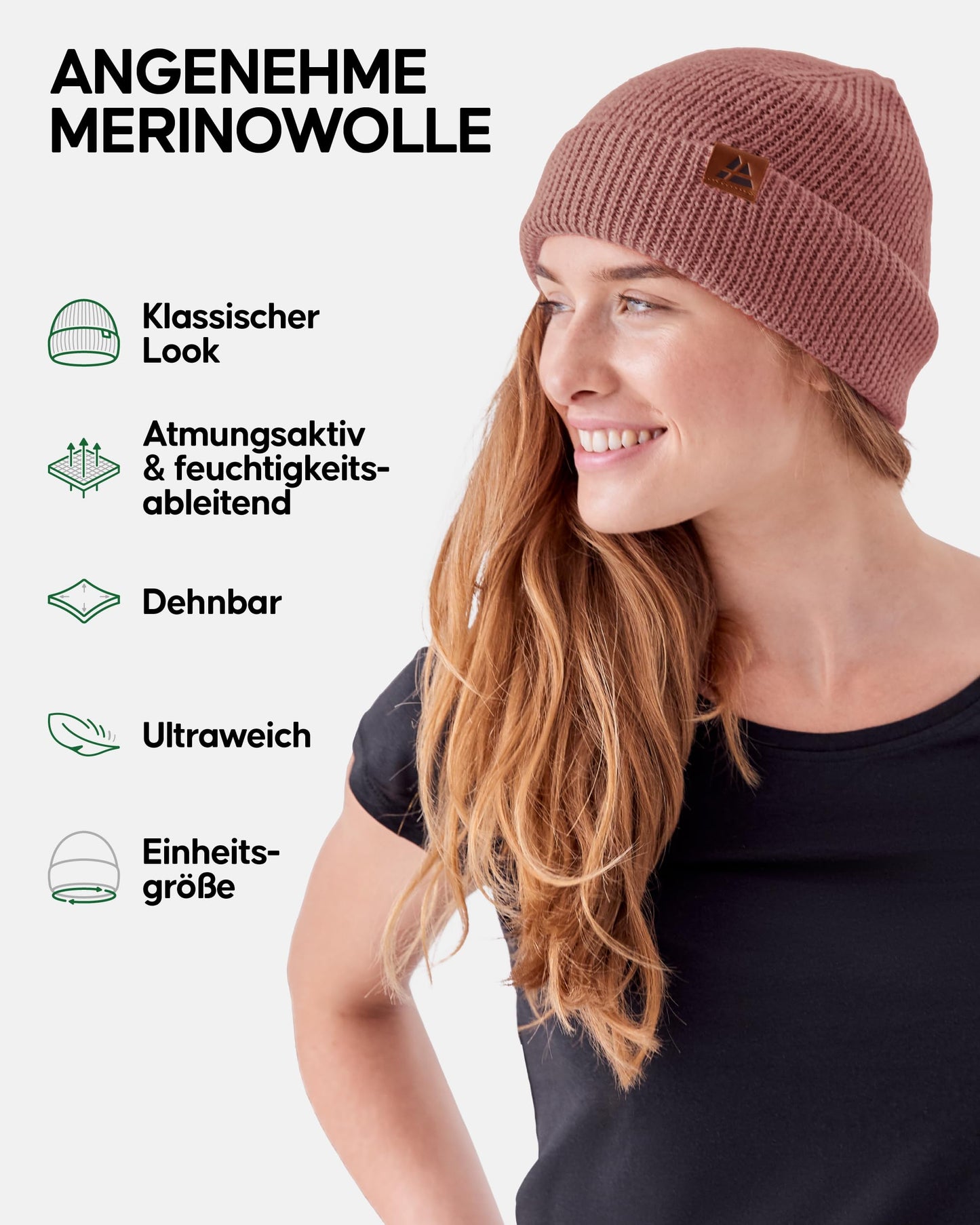 DANISH ENDURANCE Merino Mütze, Klassische Wollmütze, Warme Wintermütze, für Winter & Herbst, Weich, Stretchy, für Damen & Herren, Rosa, One Size