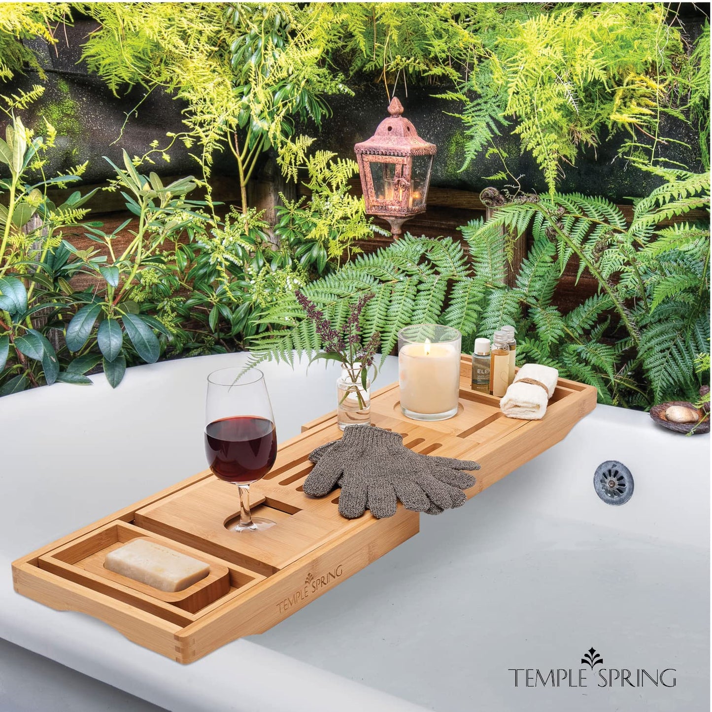 Temple Spring - Badewannenablage Bambus mit Kerzen-, Weinglas-, Buch-, Tablet-, iPad- und Telefonhalter. Badewannentablett ausziehbar, Badewannenablage Holz, Bathtub Tray 100% Bambus - Naturholz