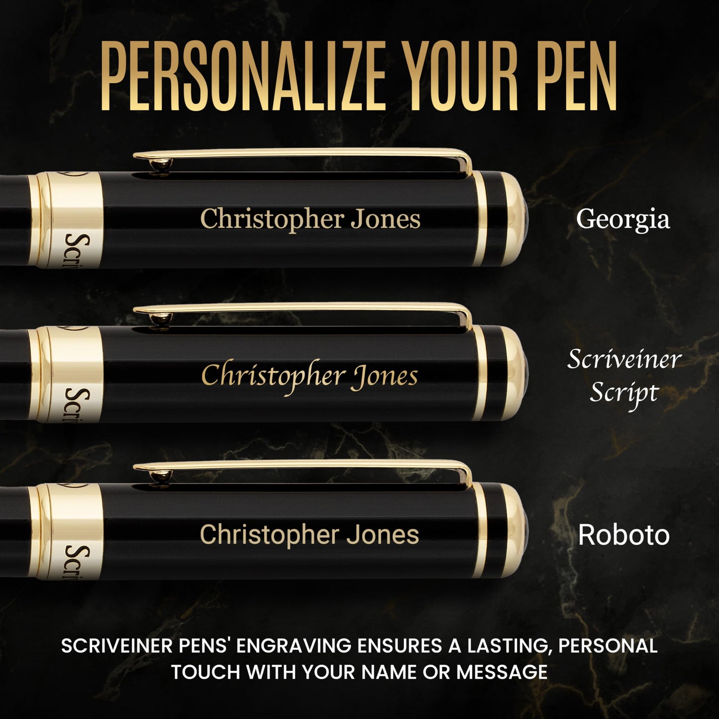 Scriveiner Black Personalisierter Stift - Luxus Füllfederhalter, Schwarzer Lack, Gold Finish, Deutsche Schmidt Feder (Mittel), Bestes Graviertes Füllfederhalter Geschenkset, Namensgravur