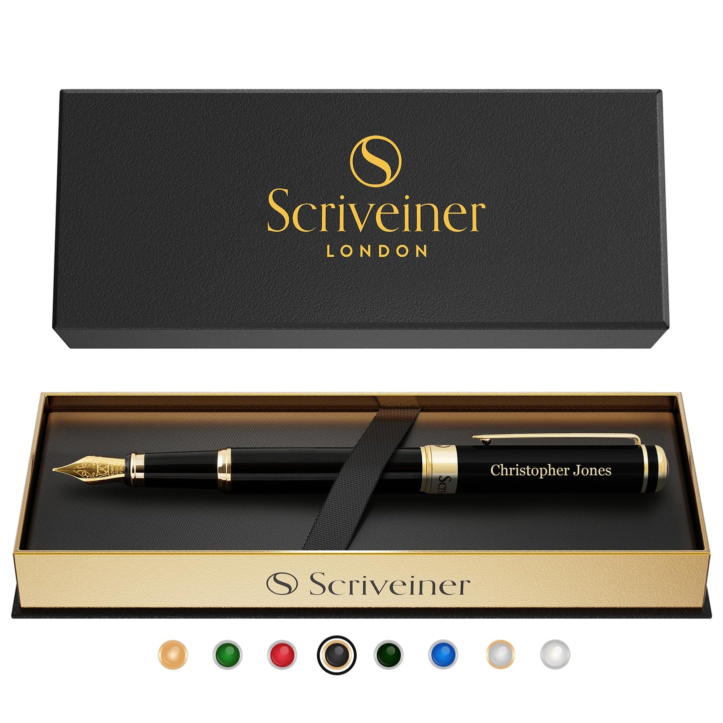 Scriveiner Black Personalisierter Stift - Luxus Füllfederhalter, Schwarzer Lack, Gold Finish, Deutsche Schmidt Feder (Mittel), Bestes Graviertes Füllfederhalter Geschenkset, Namensgravur