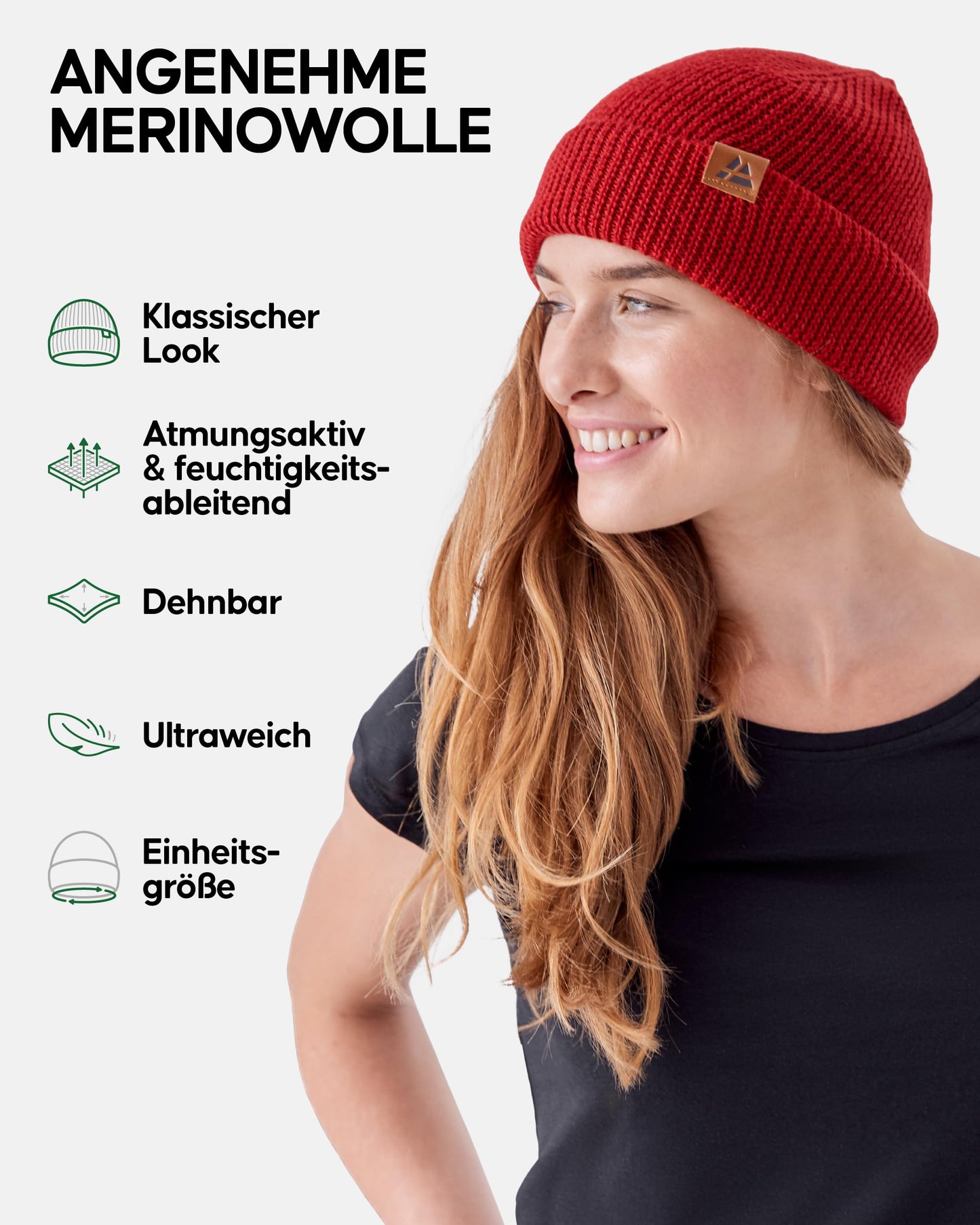 DANISH ENDURANCE Merino Mütze, Klassische Wollmütze, Warme Wintermütze, für Winter & Herbst, Weich, Stretchy, für Damen & Herren, Rot, One Size