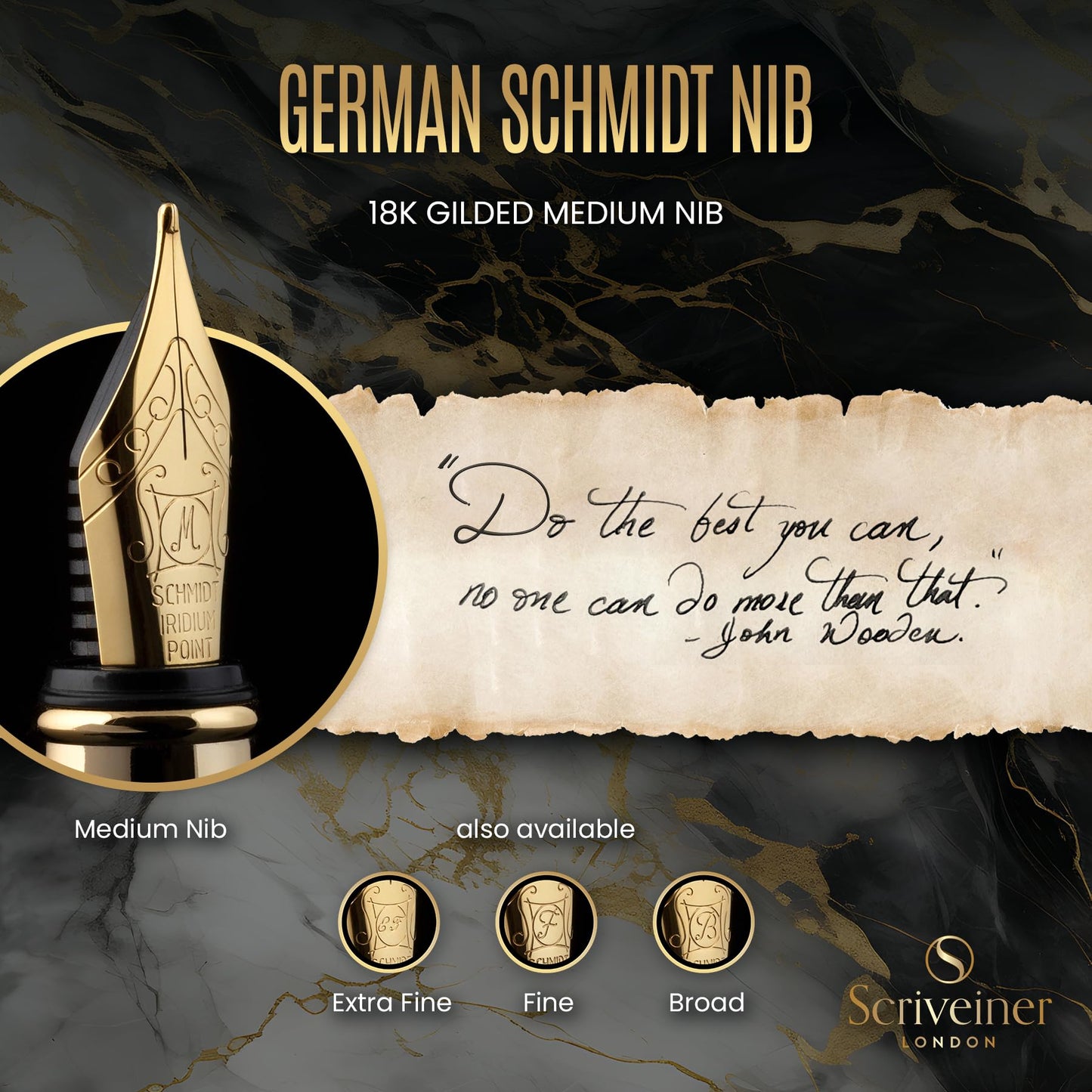 Scriveiner Black Personalisierter Stift - Luxus Füllfederhalter, Schwarzer Lack, Gold Finish, Deutsche Schmidt Feder (Mittel), Bestes Graviertes Füllfederhalter Geschenkset, Namensgravur