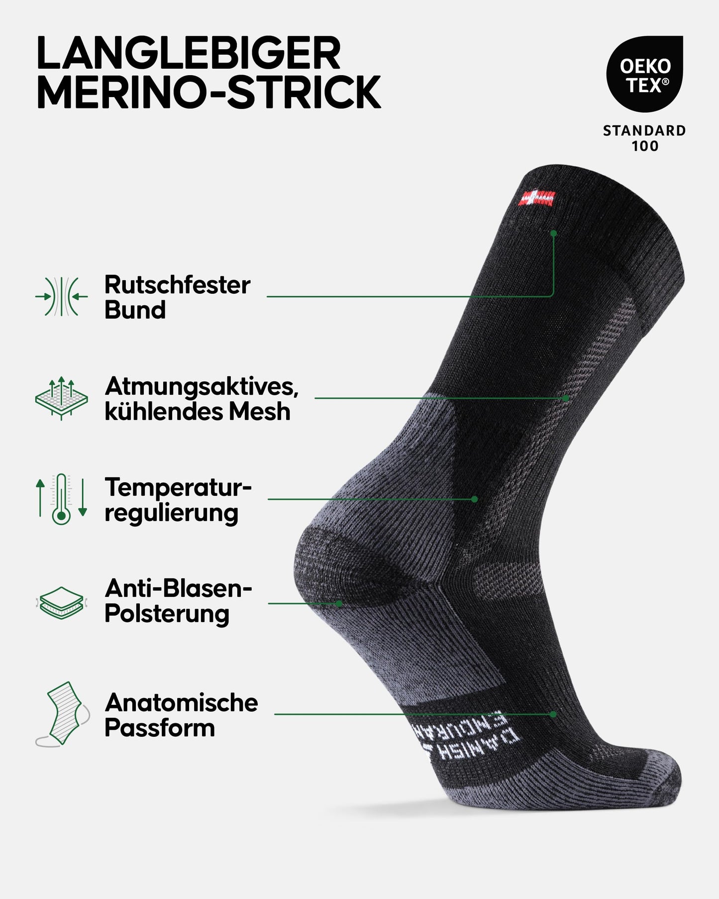 DANISH ENDURANCE Merino Wandersocken, Thermo Outdoor Socken & Trekkingsocken, für Herren, Damen & Kinder, 3 Paar, Schwarz/Grau, 43-47