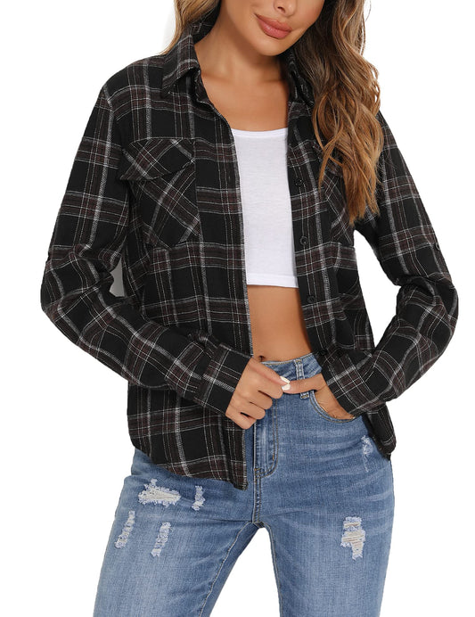 Enjoyoself Damen Kariertes Hemd 100% Baumwolle Langarm Holzfällerhemd Button-down Karobluse für Alltag Oktoberfest Schwarz,M