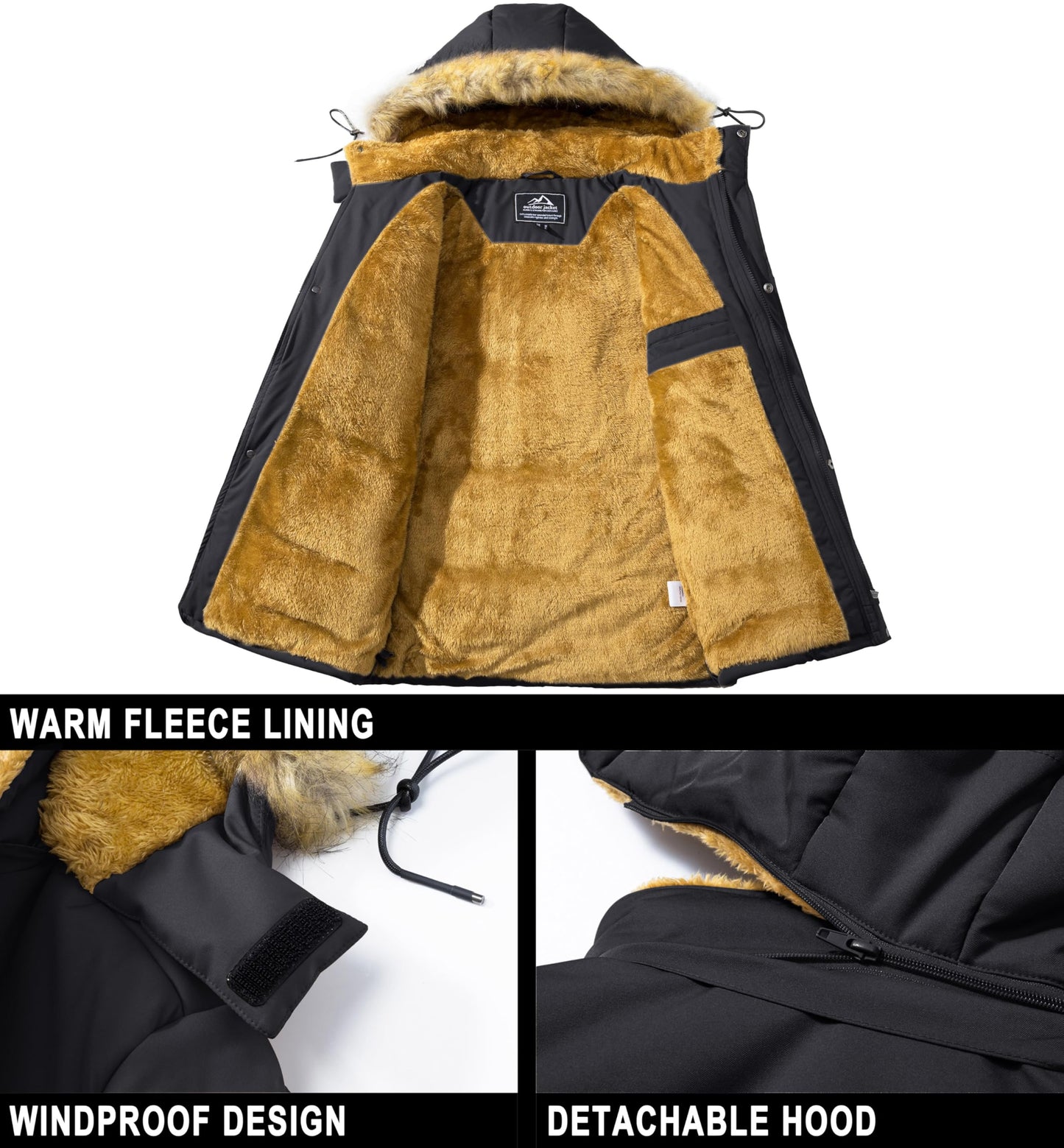 MAGCOMSEN Herren Warme Parka Jacke Gefüttert Winter Daunenjacke Männer Winddicht Warme Outdoorjacke Fleece Funktionsjacke Wandern Jagdjacke mit Mehrfachtaschen Schwarz XL